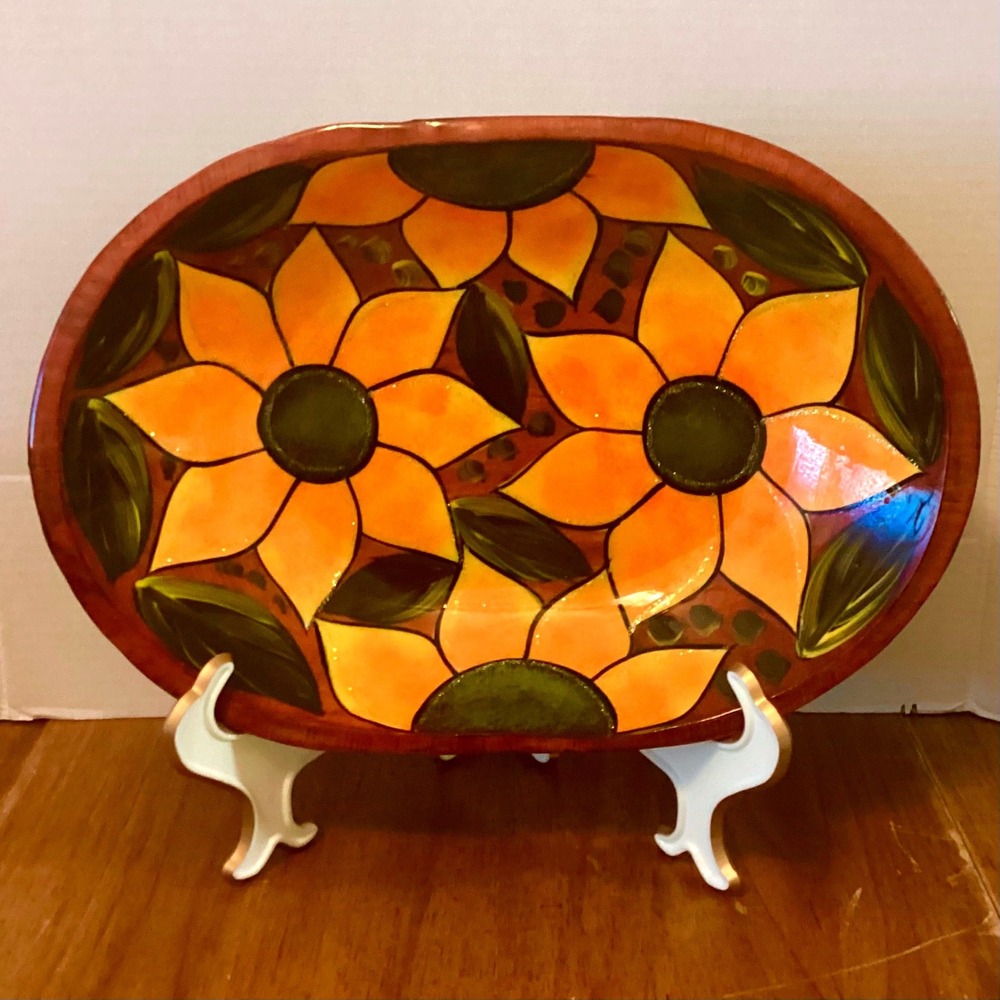 Hand Painted Sunflower Ceramic Oval Serving‎ Platter Orange Yellow Floral 13.5"